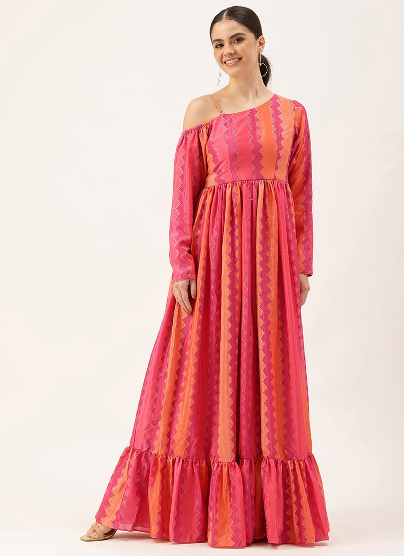 Multicolor Chinon Embroidered Gown Festive Wear
