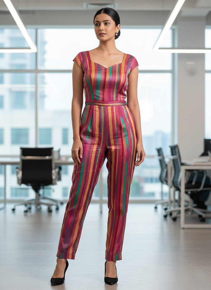 Multicolor Chinon Indo Western Jumpsuit After Six Wear
