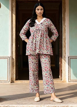Multicolor Cotton Floral Print Indowestern Co ord Set