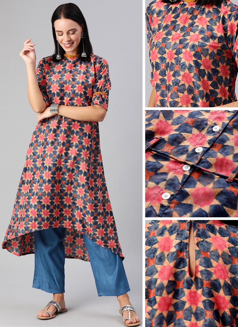 Multicolor Cotton Prited Collar Neck Kurti Festive Wear