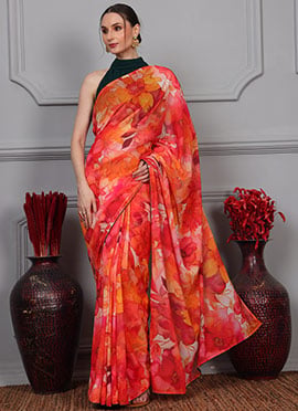 Multicolor Digital Printed N Green Georgette Saree