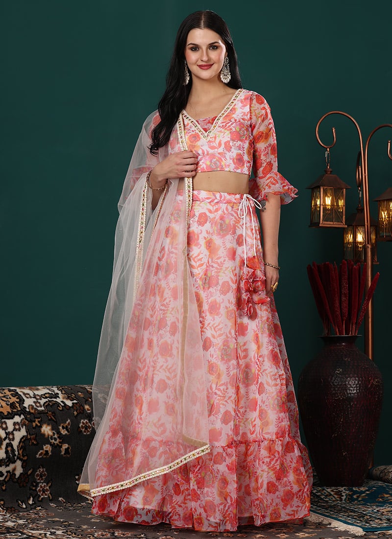 Multicolor Digital Printed Organza Umbrella Lehenga Set Festive Wear