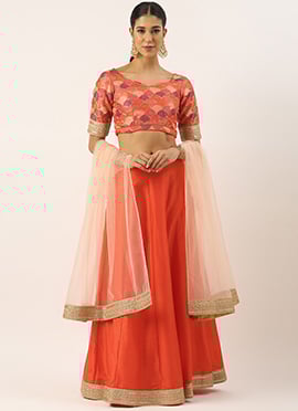 Teen Girls Multicolor Embroidered Silk N Orange Lehenga Set