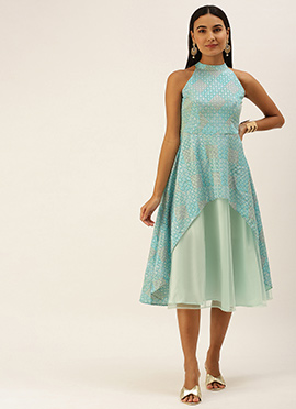 Multicolor N Green Asymmetrical Gown