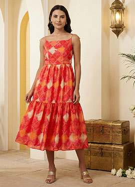 Teen Girls Multicolor Printed Gathered Style Midi Dress