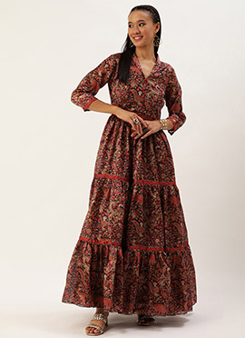 Multicolor Printed Tiered Gathered Style Gown