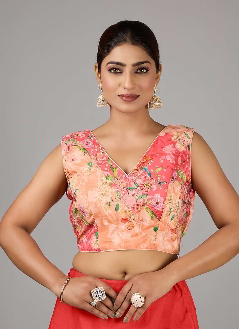Multicolor Pure Crepe Digital Print V Neck Blouse Party Wear