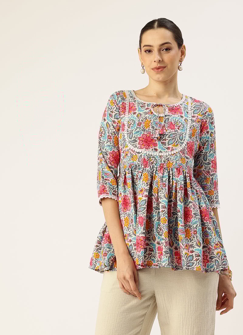 Multicolor Rayon Printed Short Kurti Work Wear
