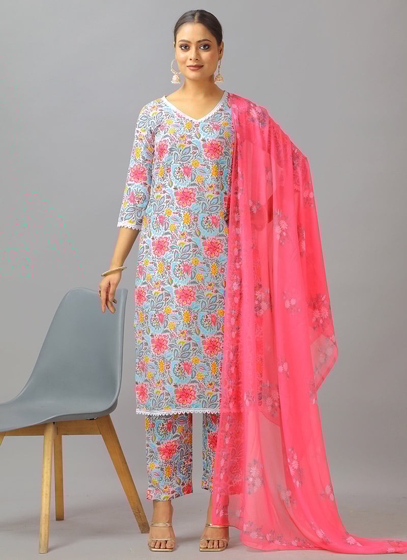 Teen Girls Multicolor Rayon Printed Straight Pant Suit Festive Wear