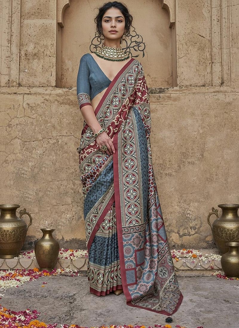 Multicolor Silk Ajrakh Print Saree