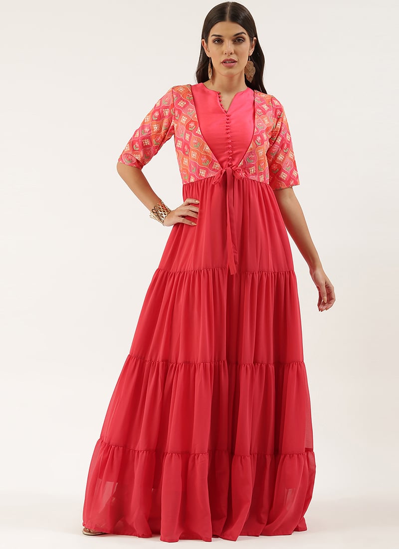 Multicolored  Embroidery Jacket N Pink Dress Festive Wear