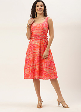 Multicolored Art Silk Round Neck Dress