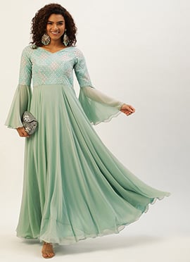Multicolored Bell Sleeves Embroidered Gown