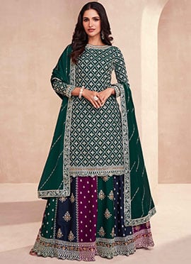 Multicolored Chinnon Silk Embroidered A Line Lehenga