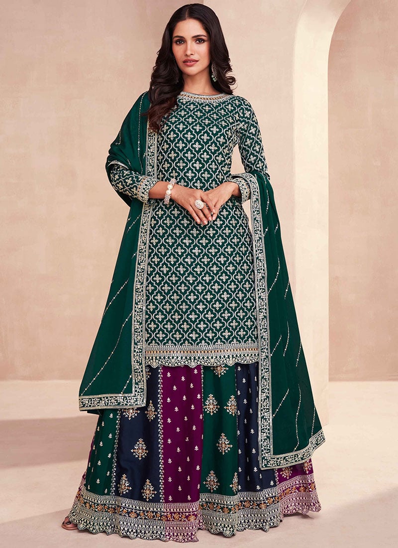 Multicolored Chinnon Silk Embroidered A Line Lehenga Party Wear