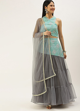 Multicolored Chinon N Light Grey Net Layered Lehenga