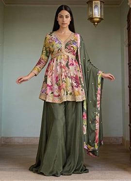 Multicolored Chinon Sequins Embroidered Stones Digital Print Palazzo Suit