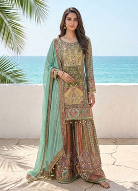Multicolored Crepe Silk Printed Sharara Suit
