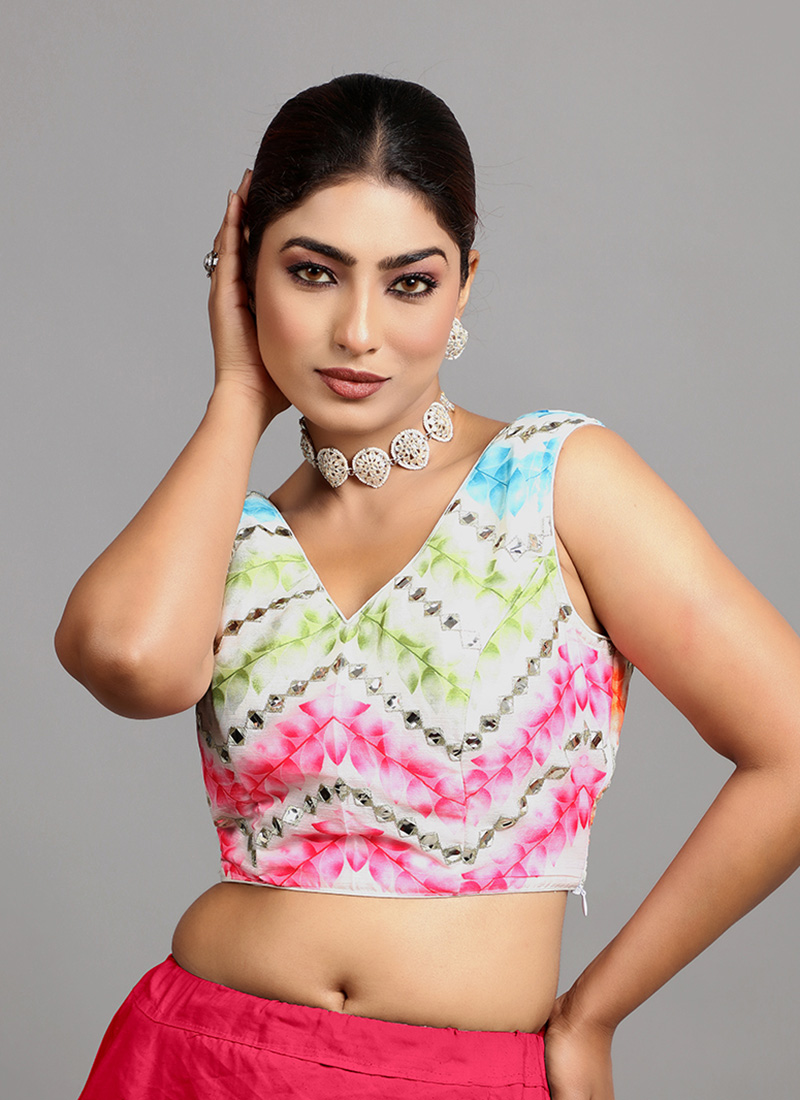 Multicolored Digital Printed Chinon V Neck Blouse