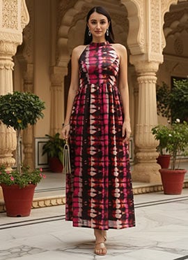 Multicolored Digital Printed Gathered Dress