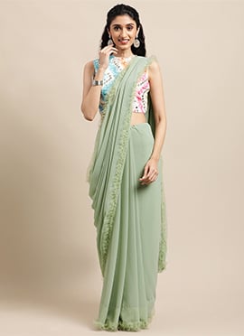 Teen Girls Multicolored Embroidered Blouse N Green Saree