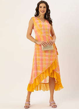 Multicolored Embroidered Chinon Ruffle Dress