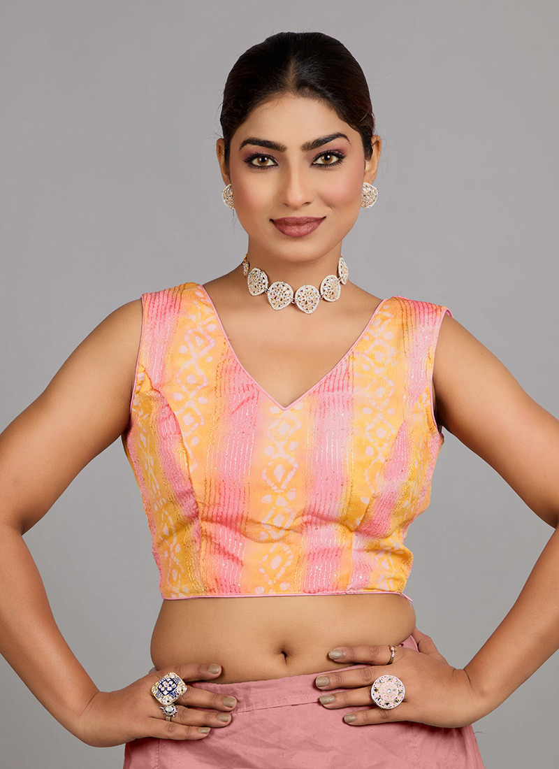 Multicolored Embroidered Chinon V Neck Blouse Festive Wear