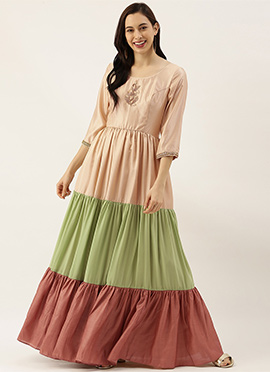 Multicolored Embroidered Floor length Gathers Dres
