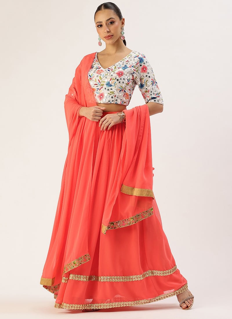 Multicolored Embroidered Gather Style Lehenga Set Wedding Wear