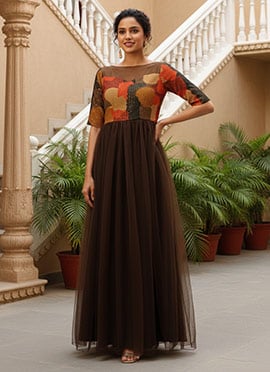 Teen Girls Multicolored Embroidered N Brown Net Gown