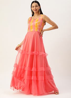 Multicolored Embroidered N Pink Ruffles Gown