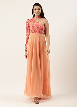 Multicolored Embroidered One Shoulder Gown