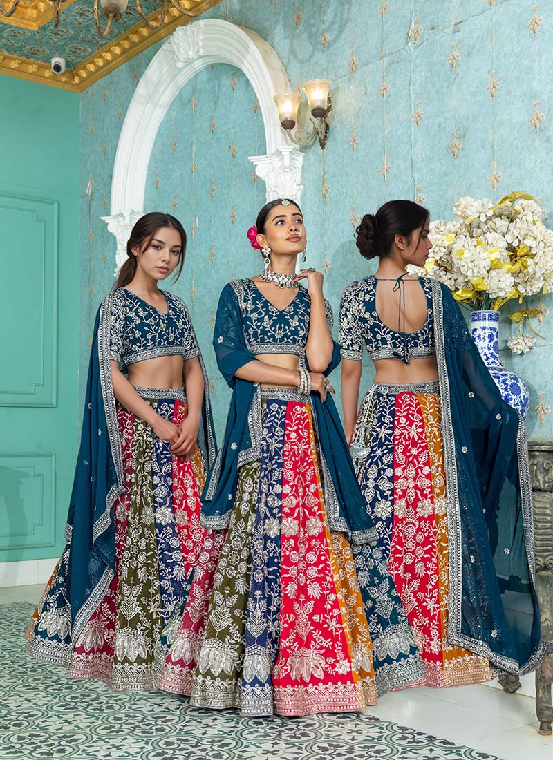 Multicolored Faux Georgette Zari Embroidered Sequins Lehenga