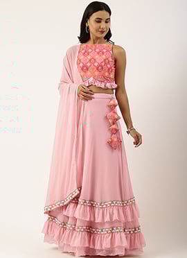 Teen Girls Multicolored Georgette Mirror Embroidery Pink Lehenga