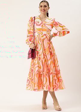 Teen Girls Multicolored Georgette Pinted Tiered Gathers Dress