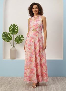 Teen Girls Multicolored Georgette Printed Halter Neck Dress