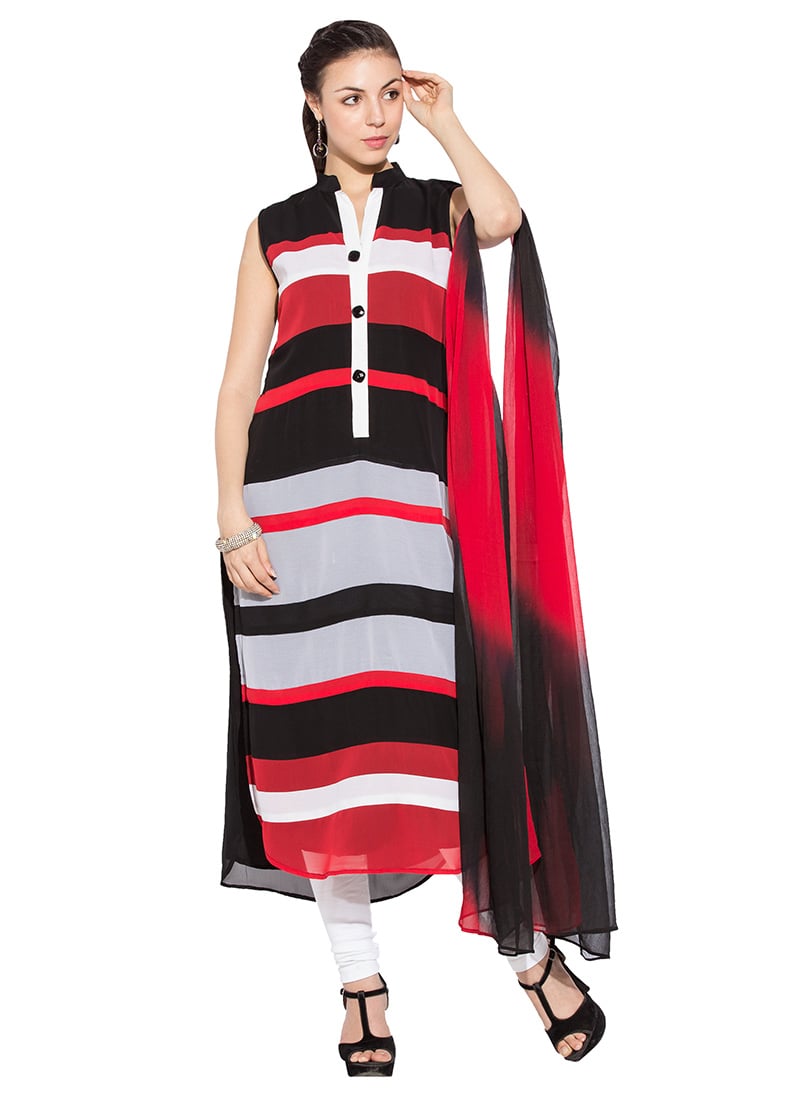 Multicolored Georgette Striped Straight Suit After Six Wear