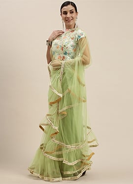 Multicolored N Green Embroidered Ruffle Net Saree