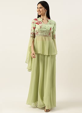 Teen Girls Multicolored N Green Embroidered Sequins Skirt Set