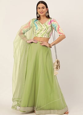 Multicolored N Green Net Lehenga Set