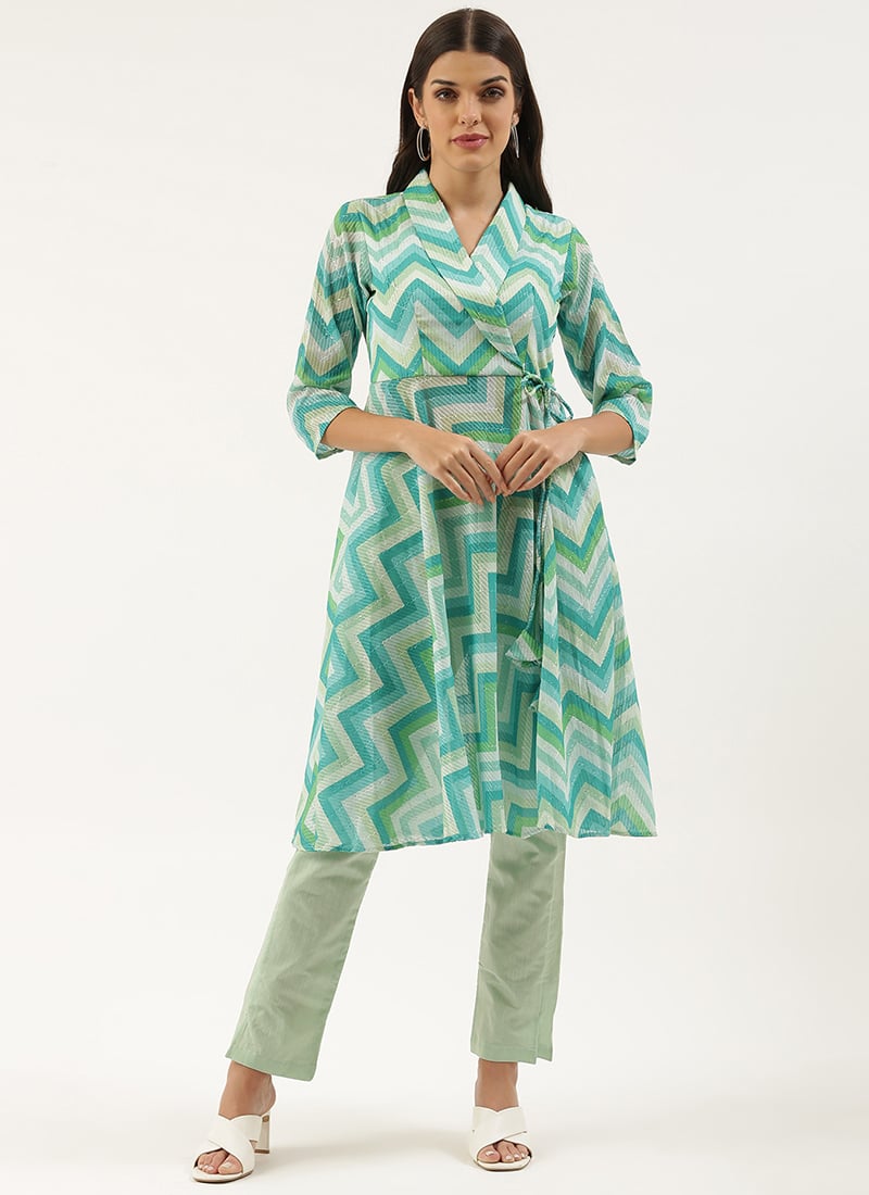 Multicolored N Green Printed Kurta Set Festive Wear