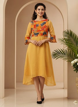 Teen Girls Multicolored N Mustard Digital Printed A line Dress