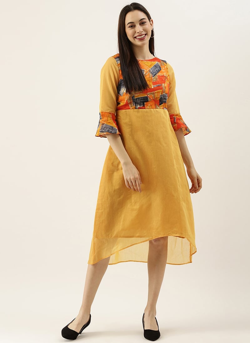 Teen Girls Multicolored N Mustard Digital Printed A line Dress