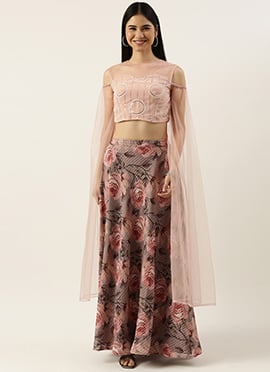 Multicolored N Pink Embroidered Crop Top N Skirt