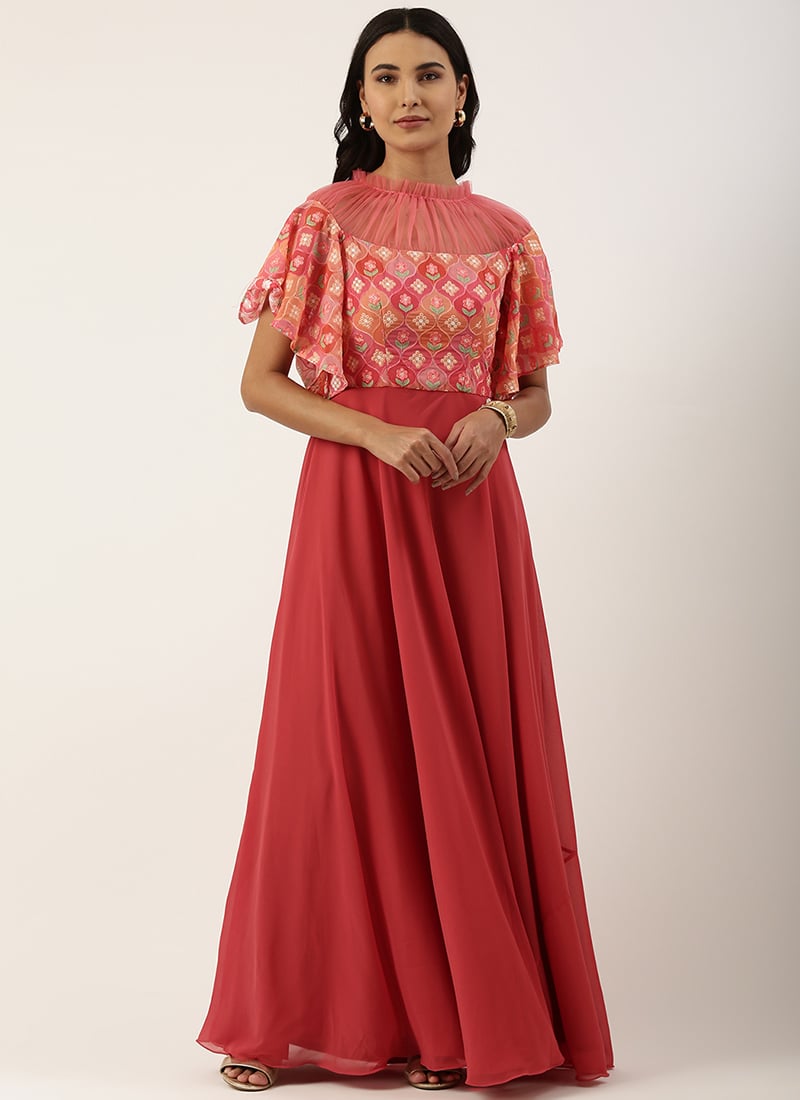 Multicolored N Pink Georgette Embroidered Gown Party Wear