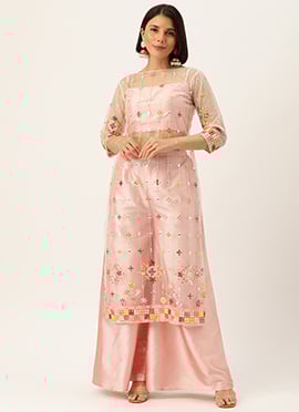 Multicolored Net Embroidery N Pink Palazzo Suit
