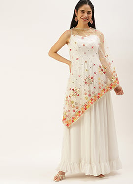 Multicolored Net Mirror Embroidery White Georgette Gown
