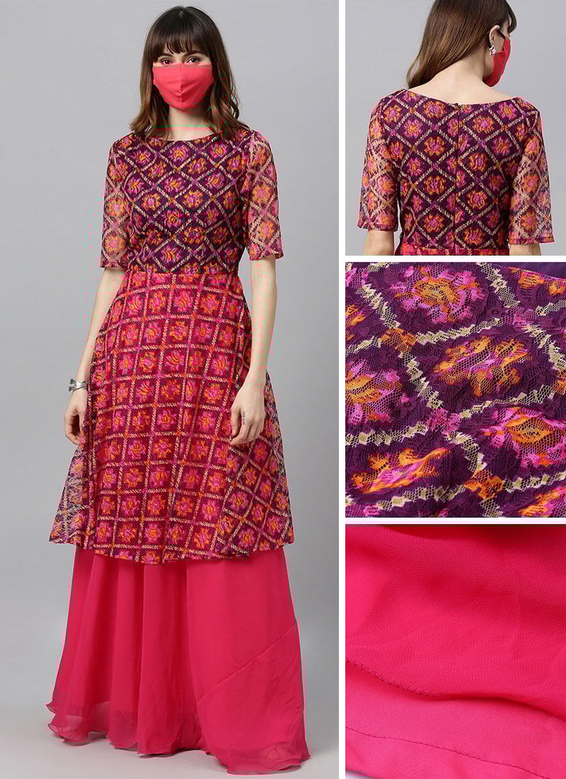 Multicolored Net N Pink Georgette Layered Gown Party Wear