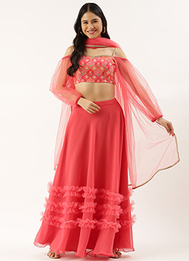 Multicolored Off Shoulder Puff Sleeves Lehenga