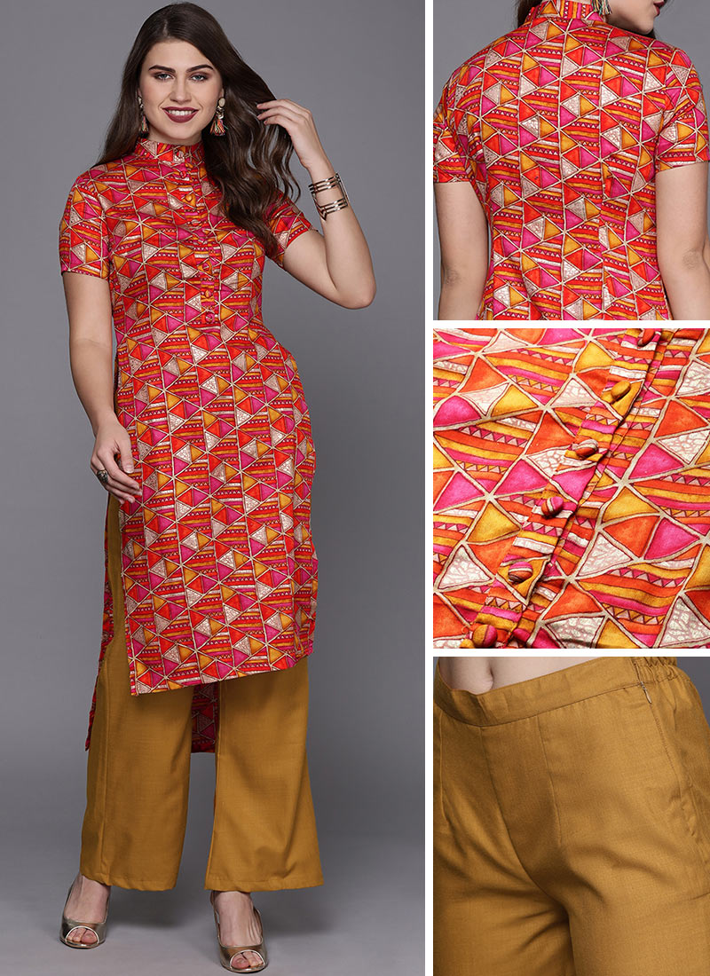 Multicolored Printed Cotton High N Low Kurta Set After Six Wear